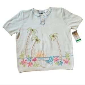 Alfred Dunner Vintage Tropical Embroidered Tee - White and Multicolor